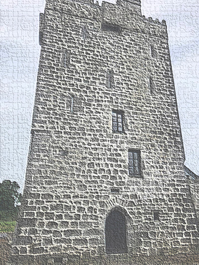 The front aspect of a repointed tower house.